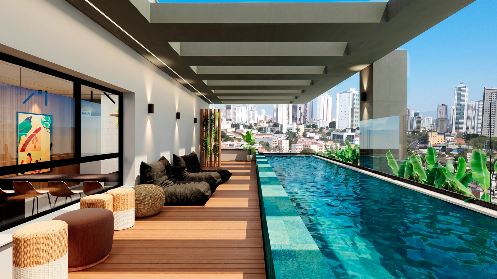 Área de lazer com piscina e vista da cidade